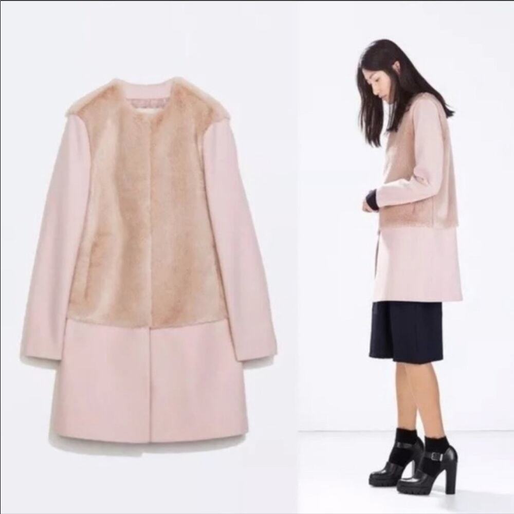 Zara women's light pink wool peacoat faux fur Small blogger fave